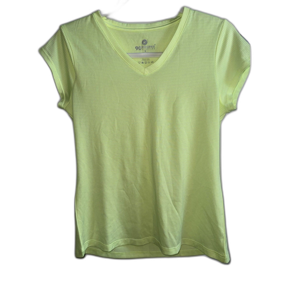 90 Degree by Reflex Neon Lime Green Striped V-Neck Athletic Tee Shirt Medium